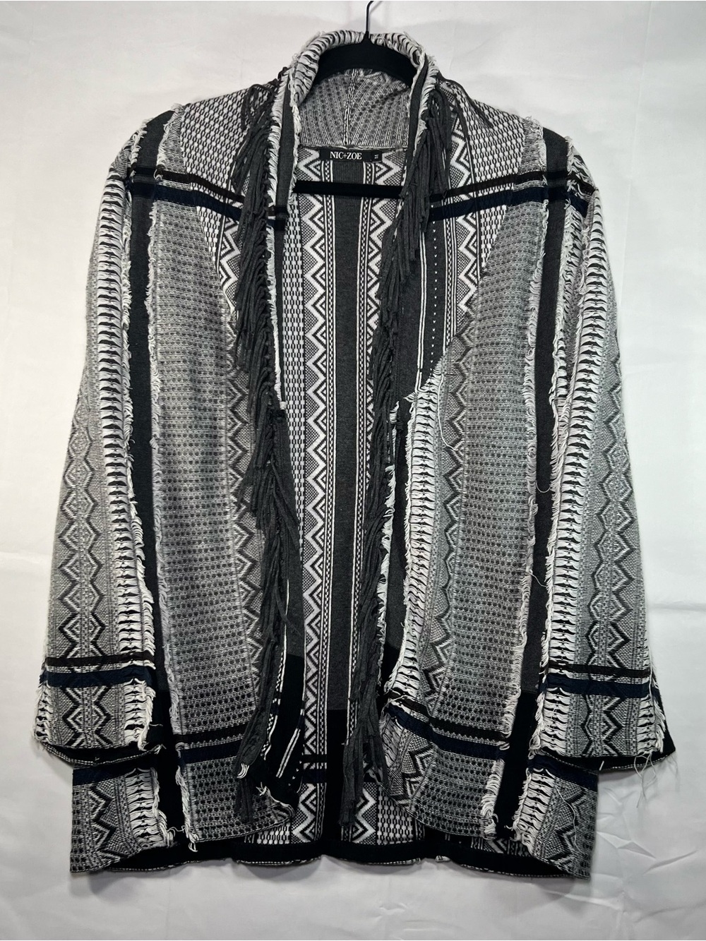 NIC+ZOE Black White Geometric Fringe Open Front Cardigan Womens Size M Boho